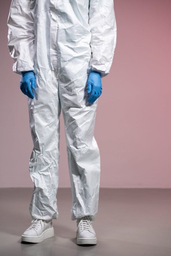 a-person-wearing-personal-protective-equipment-9894222 Person wearing a white protective suit and blue gloves, focusing on PPE.
